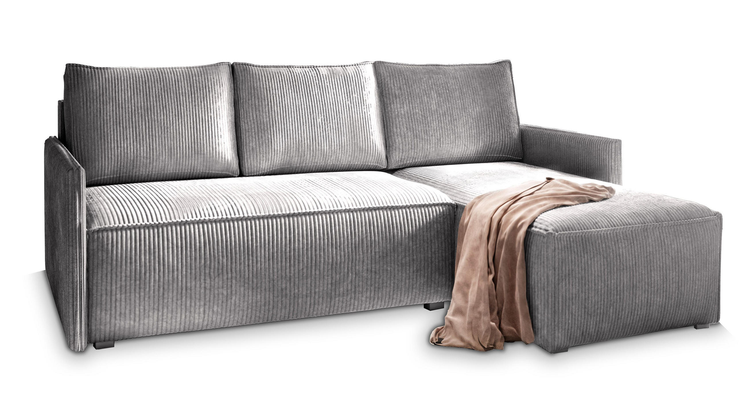 ECKSOFA PERUSI Hellgrau Kordstoff mit Schlaffunktion - Hellgrau, Holz (206/143cm) - MASSENO