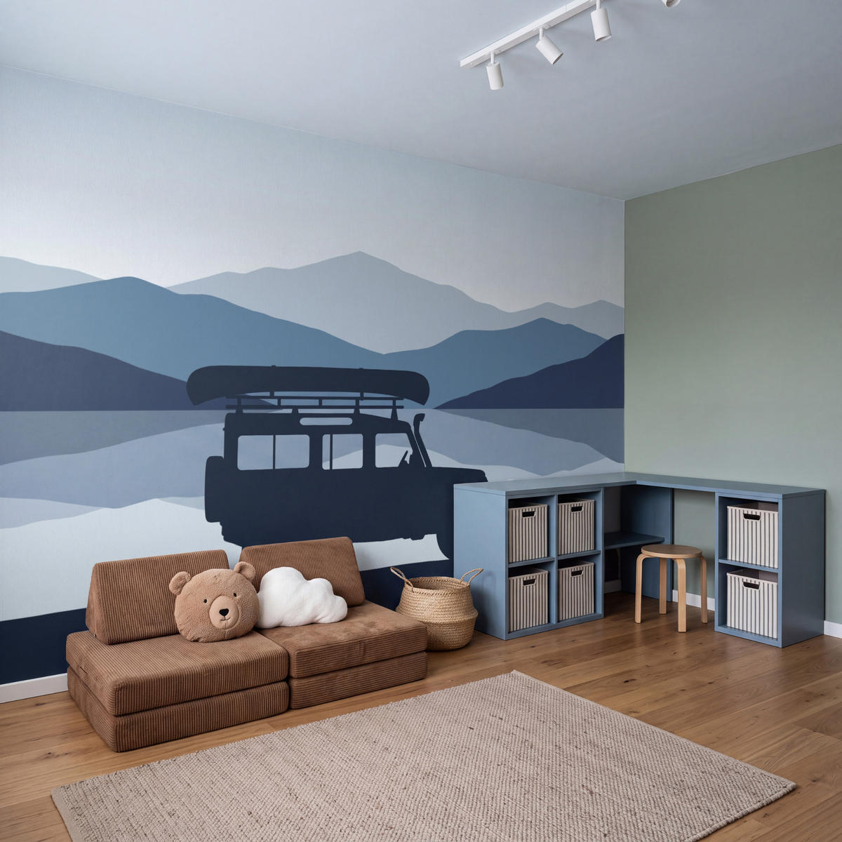 KINDERTAPETE - Auto - See - Berge - Blau - 450x260 cm - Blaugrau, Papier (450/260cm) - OnlyWow
