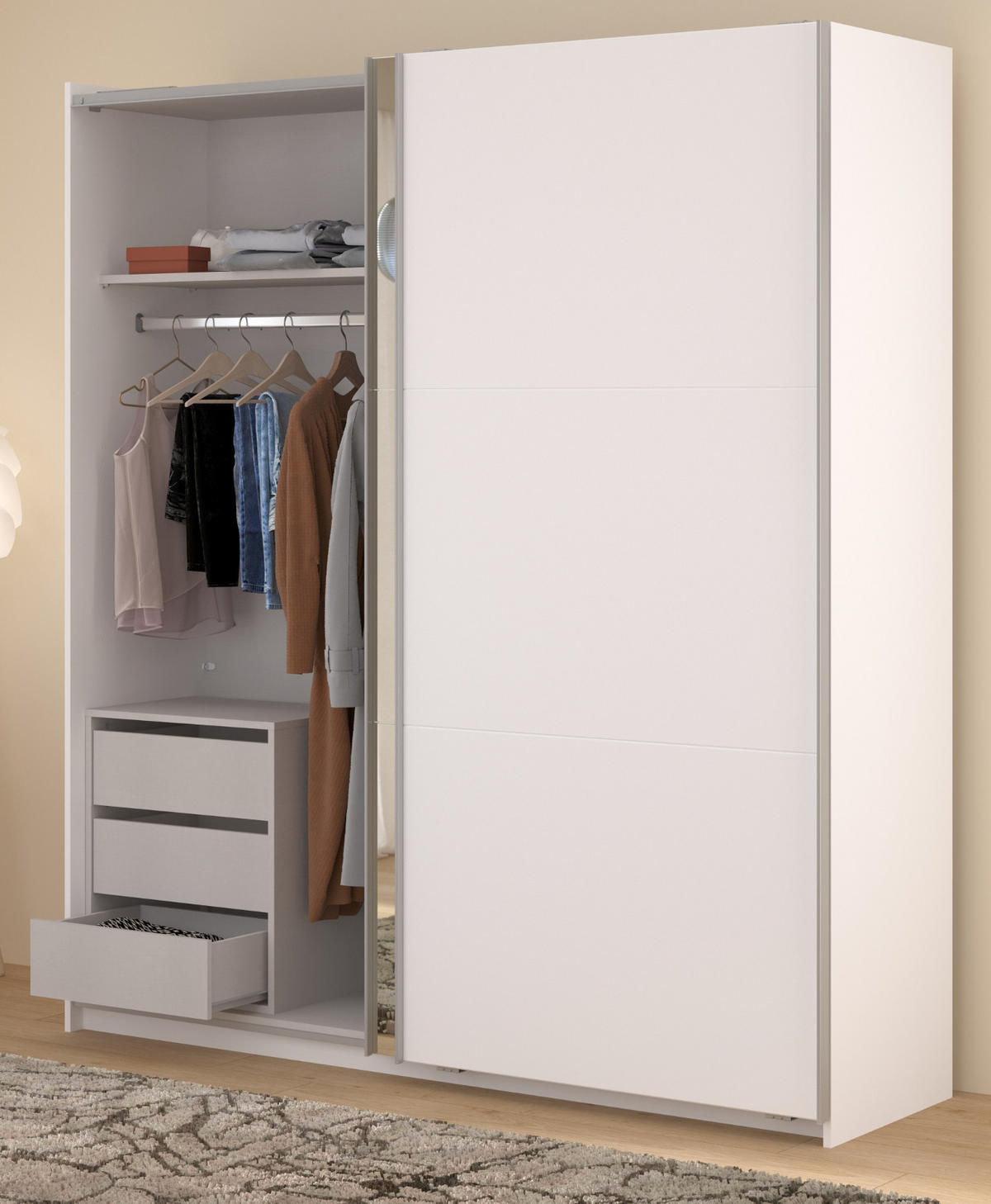 KLEIDERSCHRANK weiß 178 cm, Schwebetürenschrank 2-türig mit Spiegel und Schubkasteneinsatz - Weiß, Glas/Holzwerkstoff (178/203/59cm) - Parisot Meuble