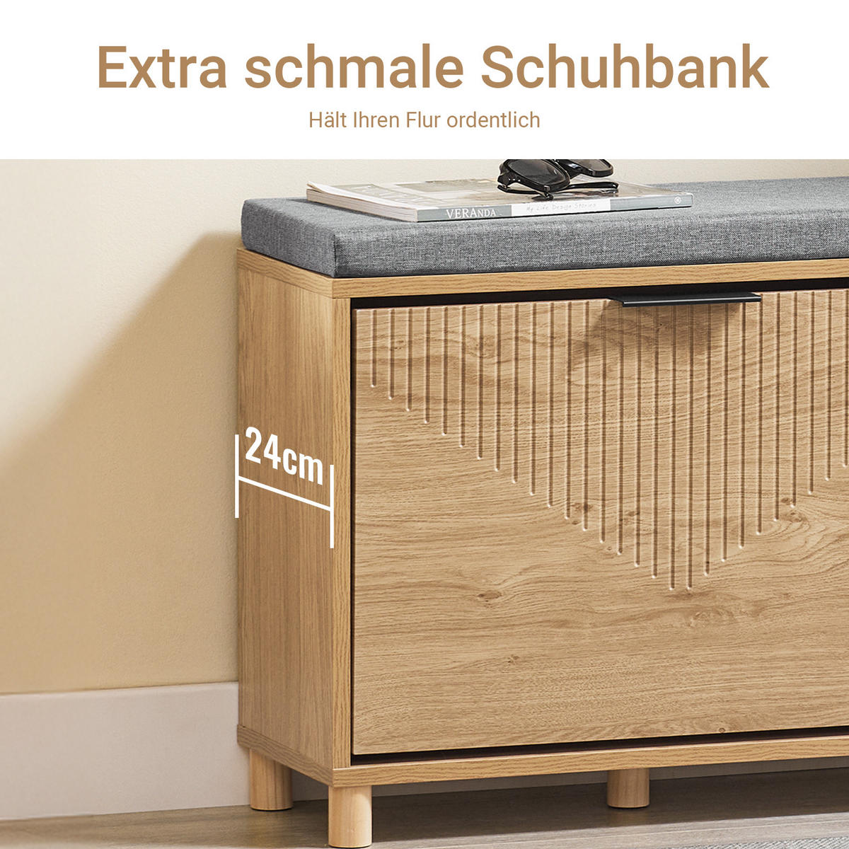 SCHUHBANK mit Sitzfläche, Natur+Grau - Naturfarben, Holzwerkstoff (60/50/24cm) - SoBuy