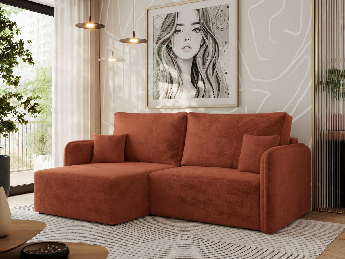 ECKSCHLAFSOFA MESTO L Orange Plüsch - links - Schwarz/Orange, Kunststoff/Textil (227/147cm) - MKS