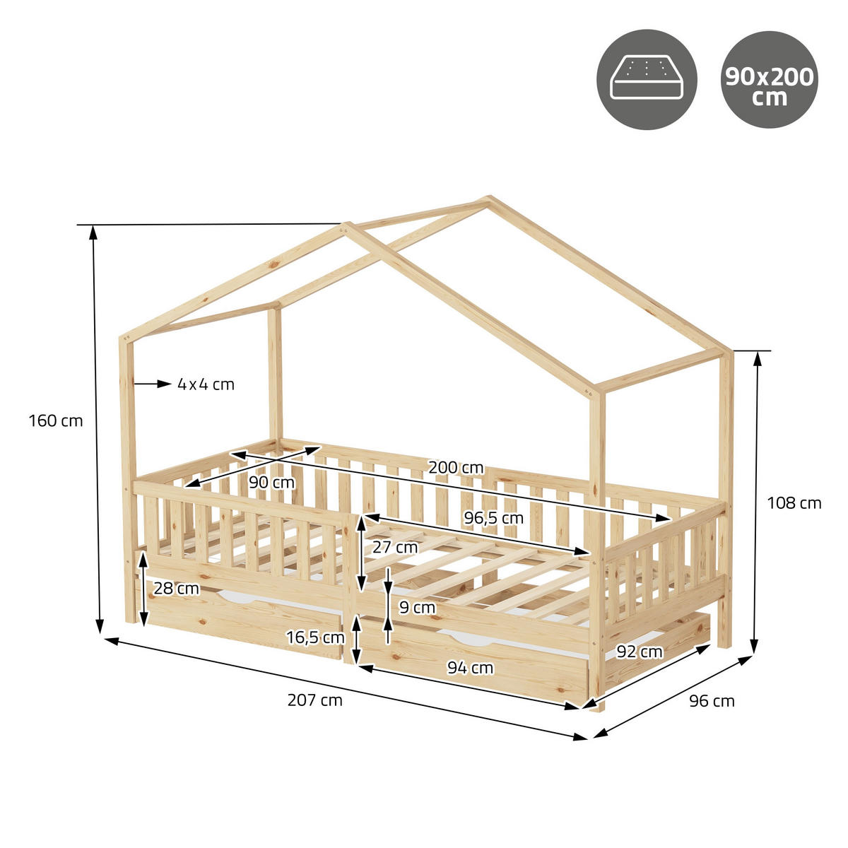 HAUSBETT 90x200 cm Natur aus Kiefernholz mit 2 Schubladen und Rausfallschutz - Beige, Holz (90/200cm) - ML-DESIGN