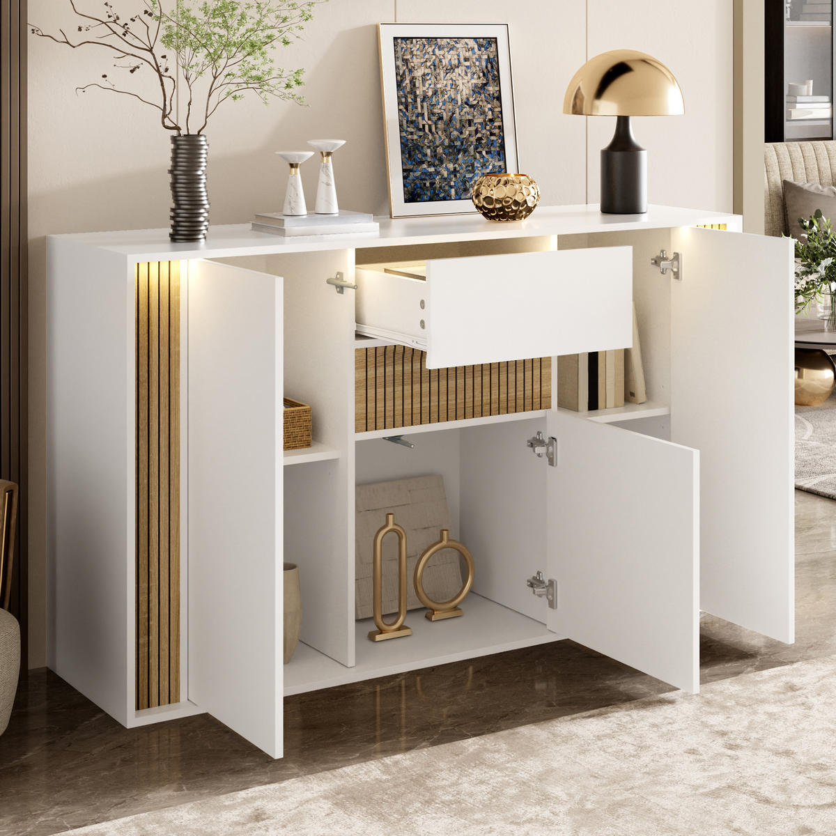 SIDEBOARD 140x40x82cm Weiß mit LED und 3 Türen - Weiß/Naturfarben, Holzwerkstoff (140/82/40cm) - FLIEKS