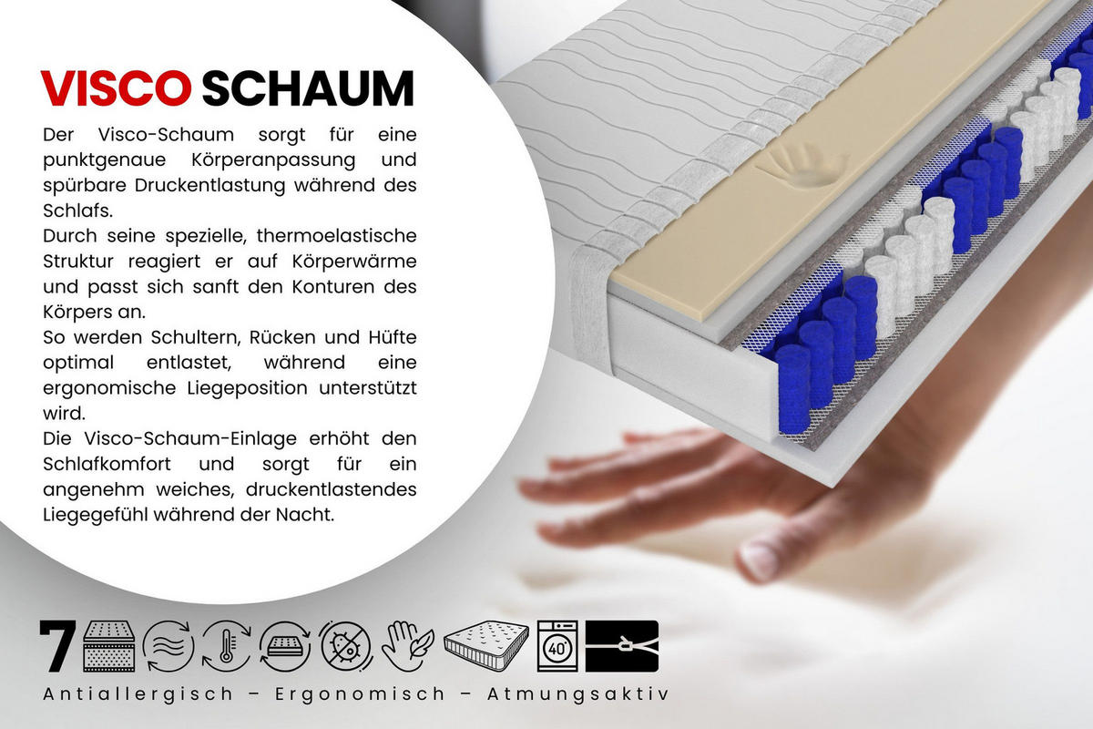 TASCHENFEDERKERNMATRATZE PREMIUM 7 VISCO mit Visco-Schaum 200/200/21 Weiß H3 - Weiß, Textil (200/200cm) - Deine Möbel 24