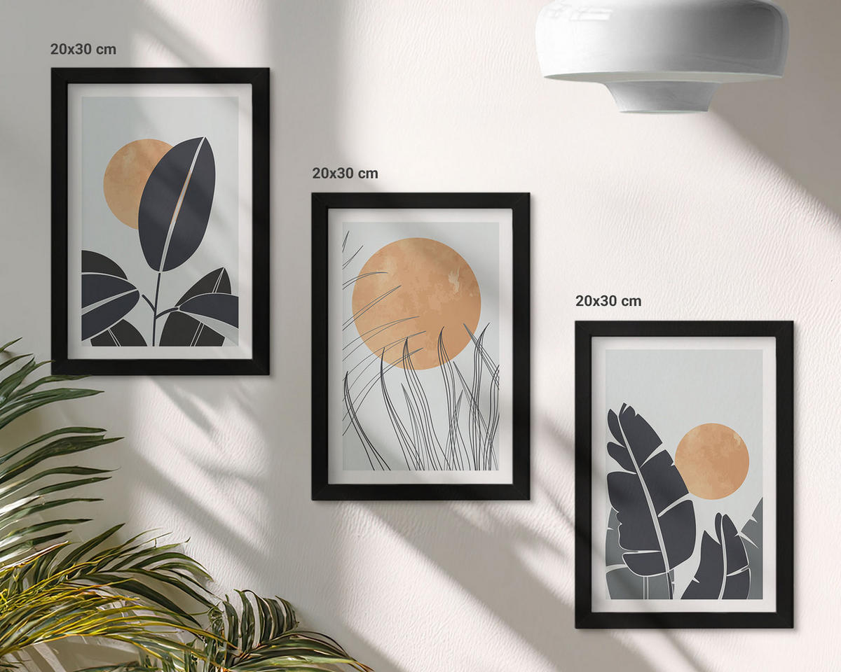 WANDBILDER 3er-Set - 20x30 cm Schwarzer Rahmen - Pflanzenmuster große Sonnen minimalistisch - Schwarz, Kunststoff (20/30cm) - ArtPrintCave