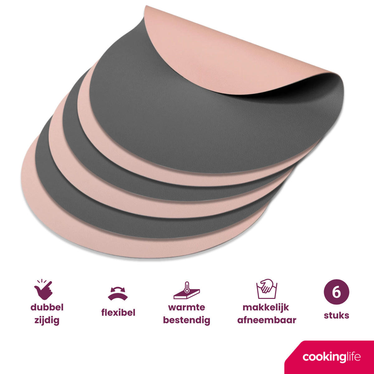 COOKINGLIFE Tischsets - Doppelseitig - Veganes Leder - Grau / Rosa ø 38 cm - 6 Stück - Pink, Kunststoff (38cm) - Cookinglife