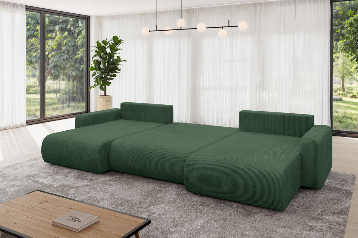 SEDACÍ SOUPRAVA DO U s funkcí spaní a úložným prostorem BERY-U 377x193x88 zelená manšestr - černá/tmavě zelená, kompozitní dřevo/textil (377/88/193cm) - ALTDECOR