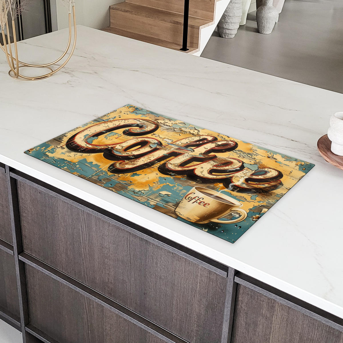 HERDABDECKPLATTE Kaffee - Vintage - Braun - Tasse Induktionsschutz 91.6x52.7 cm - Teakfarben, Kunststoff (91.6/52.7/0.2cm) - MuchoWow