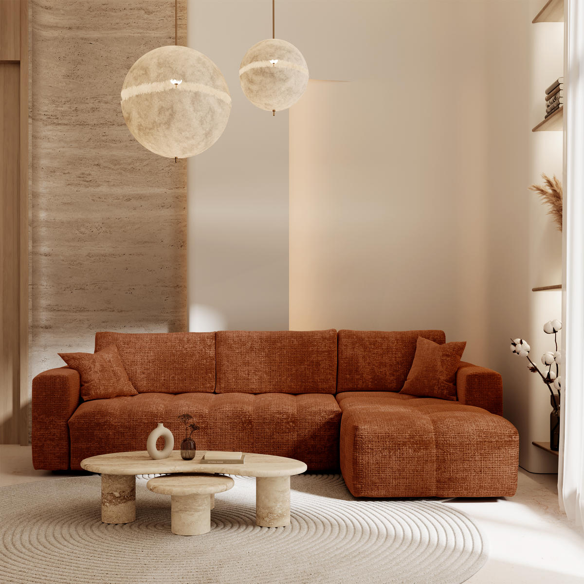 ECKSOFA rechtwinklig VIBE Geprägter Samt Terrakotta 286cm - Dunkelorange/Terracotta, Textil (286/165cm) - Premium Interiors
