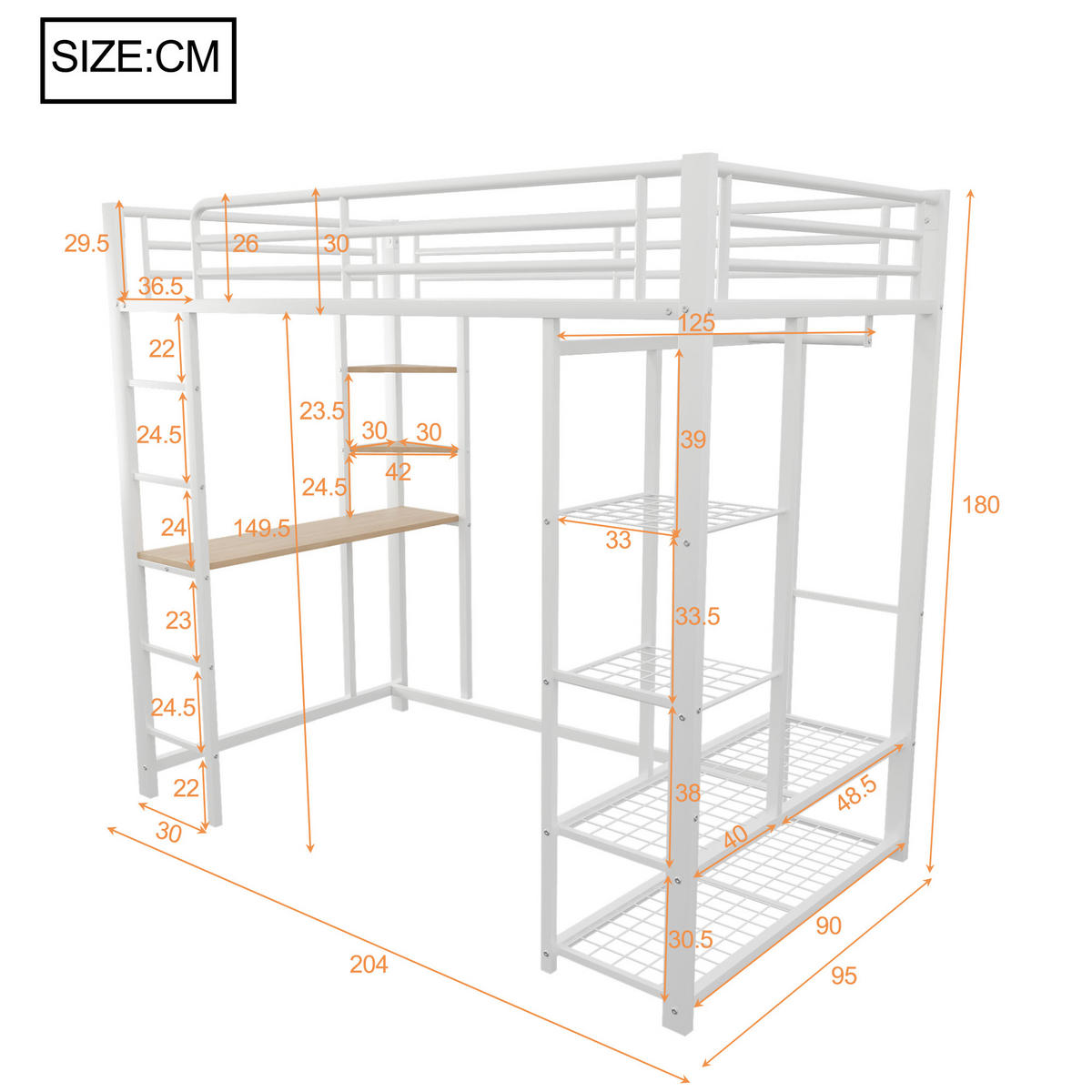 HOCHBETT aus Metall 90x200 cm in Weiß mit Schreibtisch & Kleiderstange - Weiß, Metall (90/200cm) - Modfu
