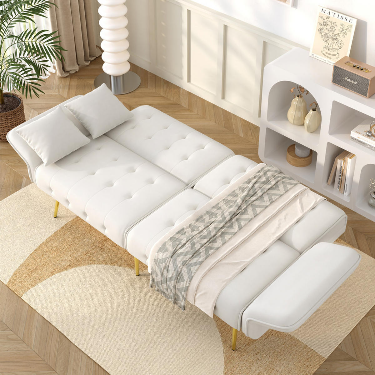 SOFA Zweisitzer Sofabett Velours Verstellbare Lehne Großzügig Schlaffunktion - Weiß, Holz (89.92/18.03/80.52cm) - FLIEKS