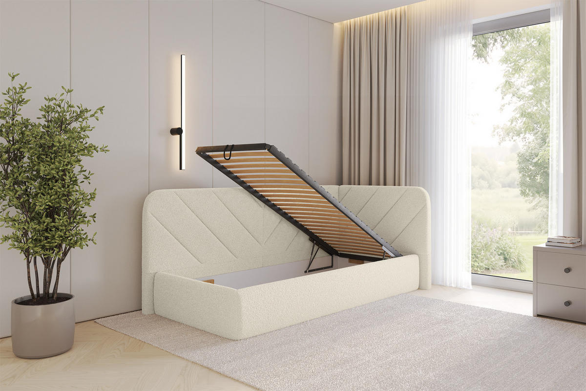 EINZELLBETT Jugendbett mit Bettkasten und Matratze H3/H4, Links - FIKY 90x200 Beige - Champagner, Holzwerkstoff/Textil (90/200cm) - ALTDECOR