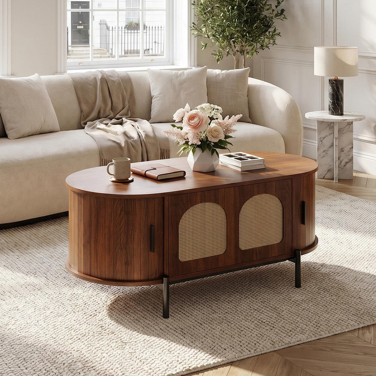 COUCHTISCH in Holzoptik mit Rattan, ovale Form und Schiebetüren - Walnussfarben, Holzwerkstoff (50/100/40cm) - Urban Meuble