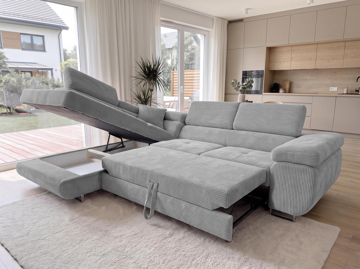 ECKSOFA L Form Konak Hellgrau 276/201/90 cm Links mit Schlaffunktion - Silberfarben/Hellgrau, Textil/Metall (203/276cm) - AX Living