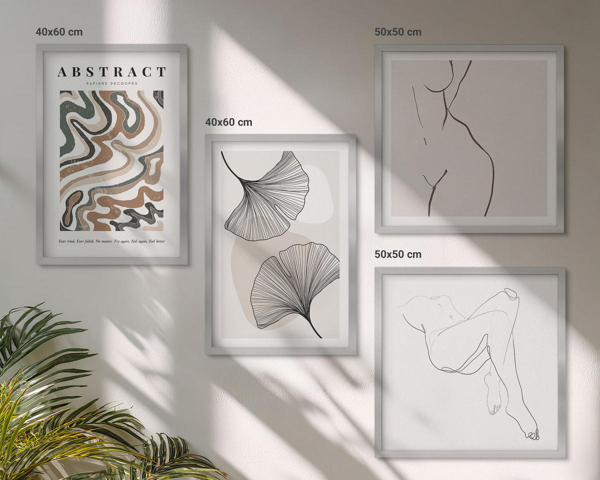 WANDBILDER 4er Set - 50x50 cm & 40x60 cm Silberner Rahmen - Abstrakte Boho-Blattformen - Silberfarben, Kunststoff (50/50cm) - ArtPrintCave