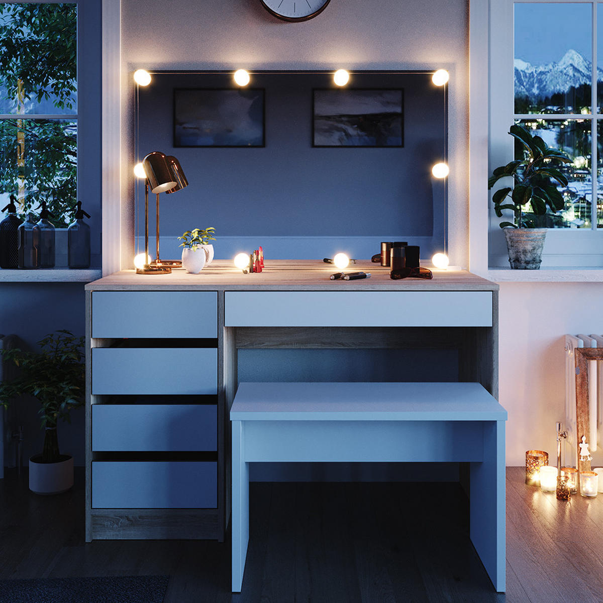 SCHMINKTISCH Sherry Weiß/Sonoma 120 cm mit LED Beleuchtung und Bank - Weiß/Sonoma Eiche, Holzwerkstoff (55/75/120cm) - Vicco