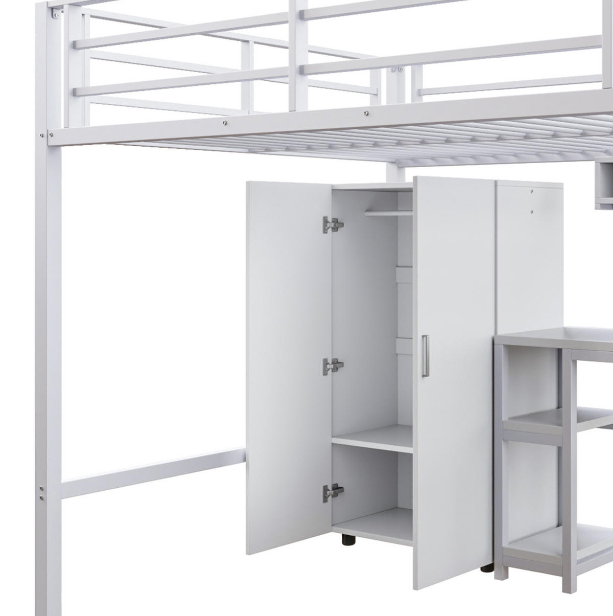 HOCHBETT 140/200 cm in Weiß mit Schreibtisch, Kleiderschrank und Regalen - Weiß, Metall (140/200cm) - Flora Grace