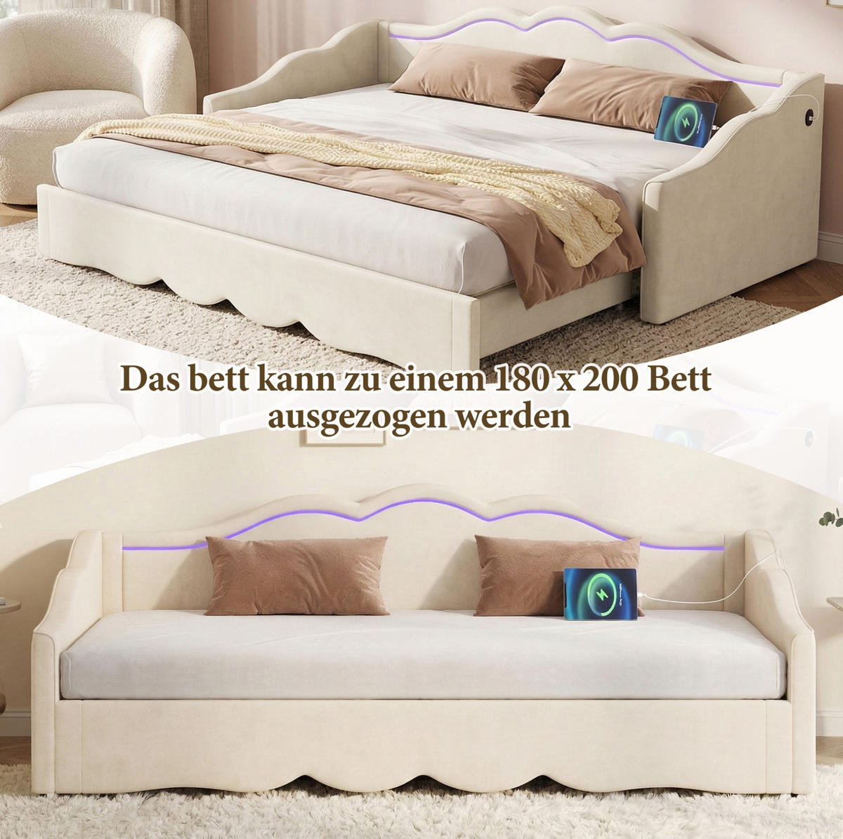 POLSTERBETT 90/200 cm ausziehbar auf 180/200 cm mit LED, USB- und Type-C-Anschluss, Samt, Beige - Beige, Textil (90/200cm) - Redom