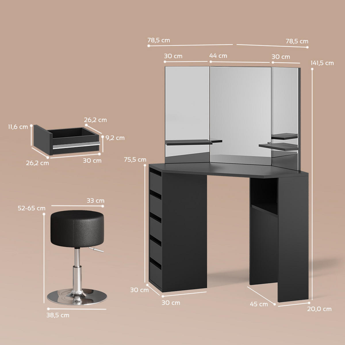 ECKSCHMINKTISCH Enna Schwarz 110 cm mit Hocker - Schwarz, Holzwerkstoff (110/141.5/54cm) - Livinity®