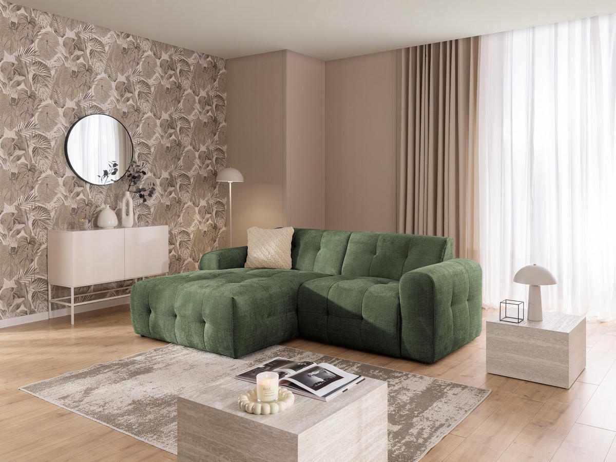 ECKSOFA Kozy im Bumpy-Design mit fester Rückenlehne aus weichem Grün Chenille-Stoff - Ottomane links - Schwarz/Grün, Holz/Kunststoff (161/234cm) - S-Style Möbel