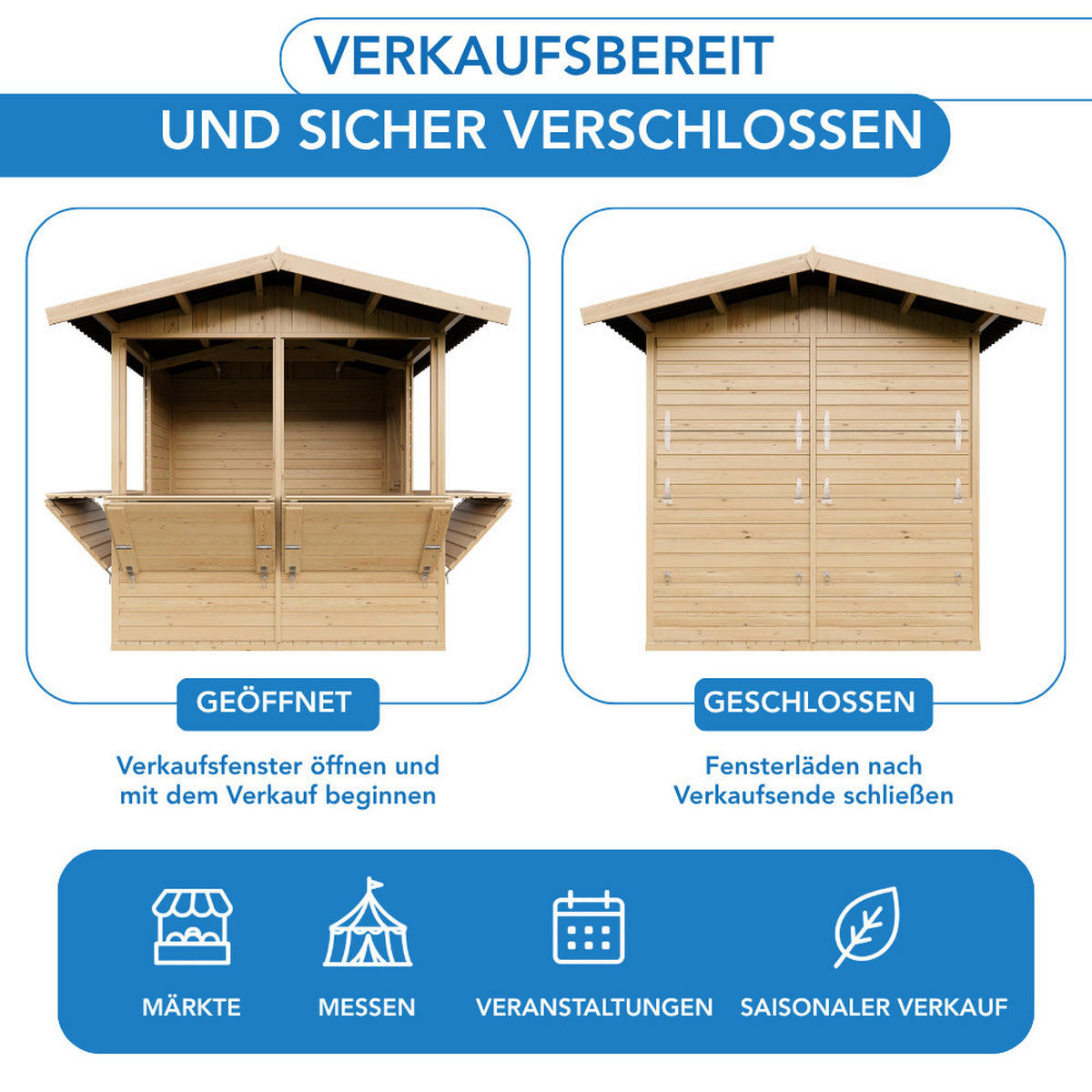 VERKAUFSSTAND aus Holz 4 m², zerlegbarer Marktstand mit 4 Verkaufsfenstern für Märkte, Messen und Events - Naturfarben, Holz (253/232/263cm) - Timbela
