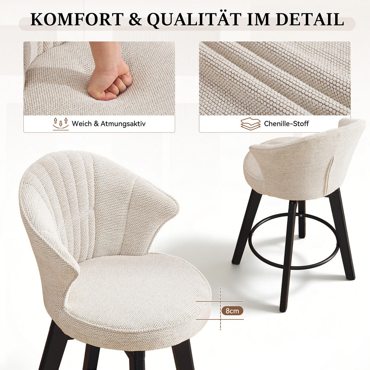 BARHOCKER drehbar mit Rückenlehne 51 x 52,5 x 92,5 cm Beige - Beige, Metall (51/92.5/52.5cm) - Meubliv
