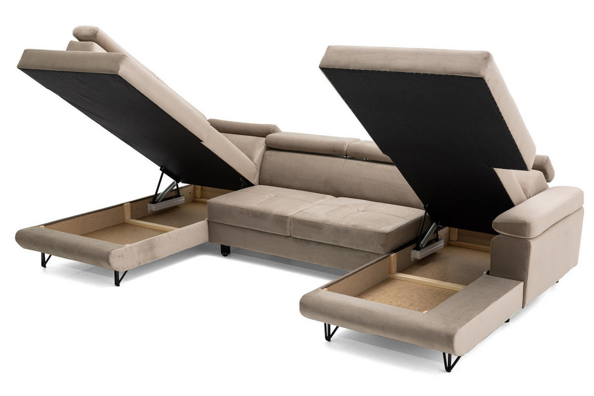 ECKSOFA U-Form JUNIOR U Links mit Schlaffunktion 128x254 Velours Beige - Beige/Schwarz, Holz/Textil (323/90/184cm) - Muffo