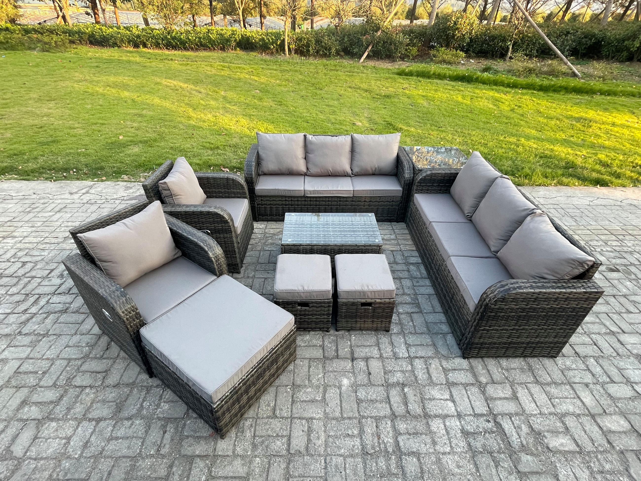 GARTENMÖBEL-SET mit Kissen Polyrattan Dunkelgrau 11-Sitzer - Dunkelgrau/Grau, Glas/Kunststoff - Fimous