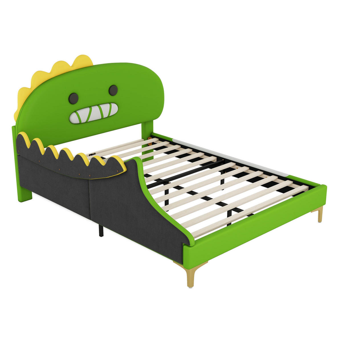 KINDERBETT 140/200 cm in Grün mit Dino-Kopfteil aus PU und MDF - Grün, Leder (140/200cm) - BEAOK