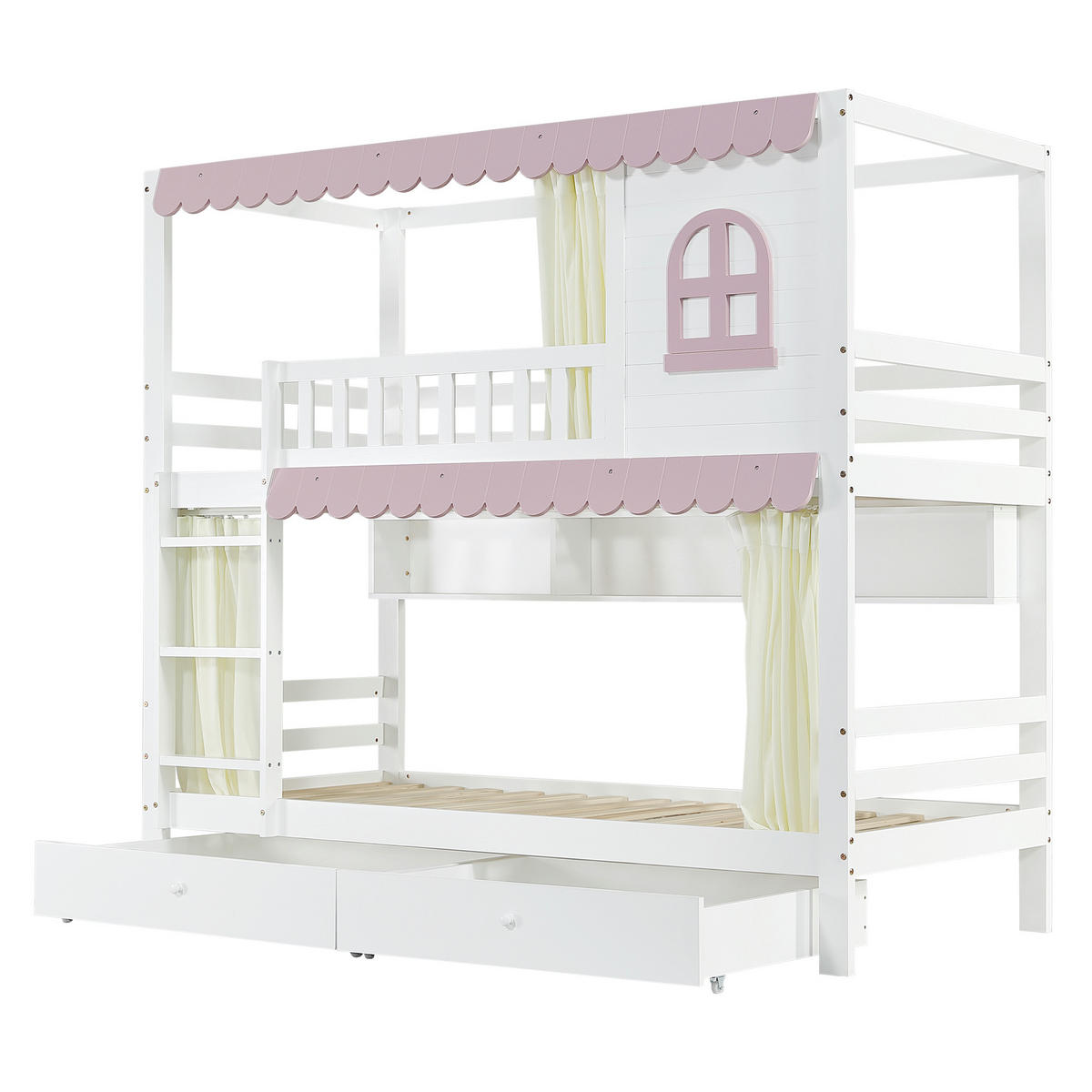 ETAGENBETT 90/200 cm mit Fallschutz, Fenster, Vorhängen, Regalen und 2 Schubladen, Weiß/Rosa - Weiß, Holzwerkstoff (90/200cm) - Redom