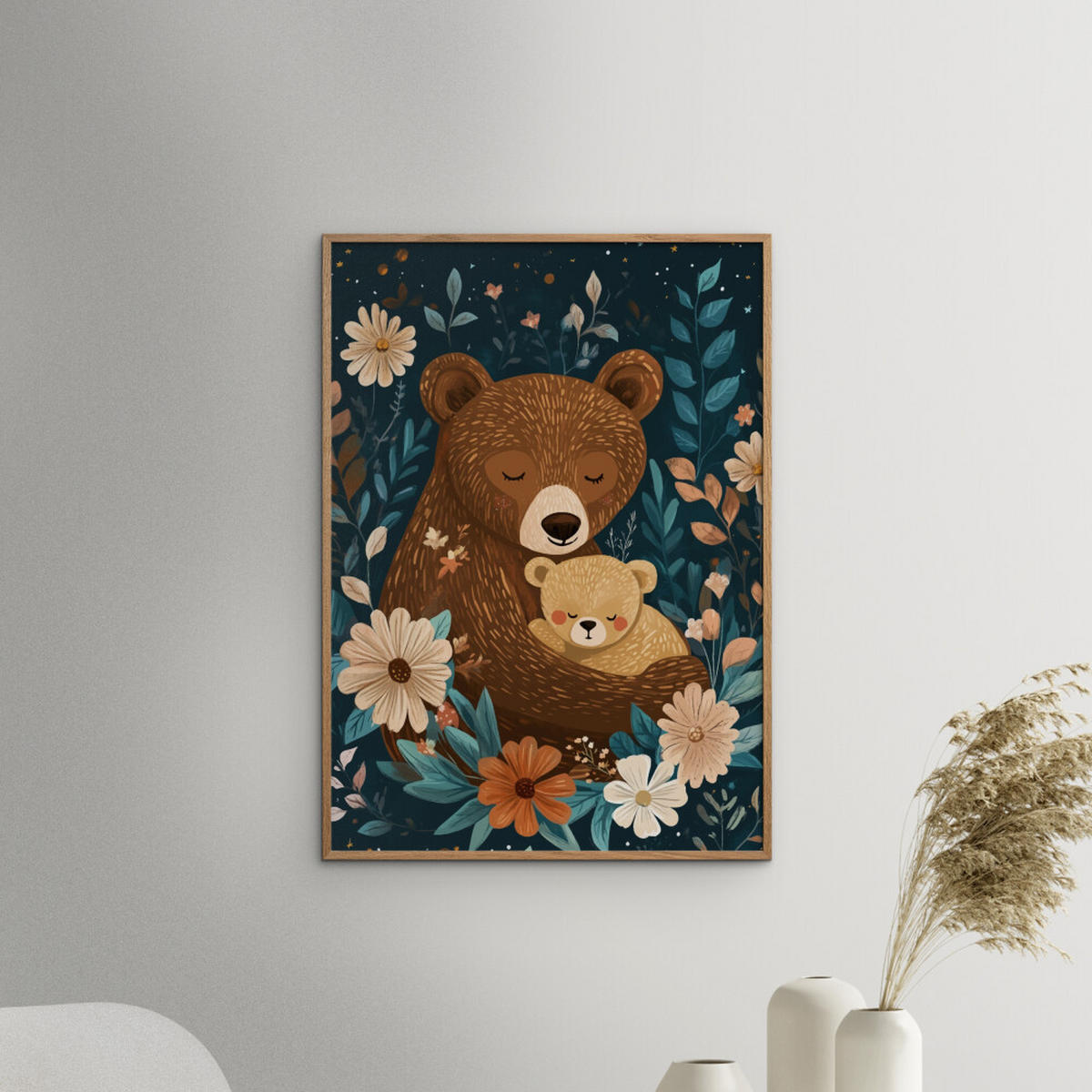 POSTER mit Rahmen Affordable Art Prints x Andreas Magnusson - Mama Bear with Cub - Blau/Eichefarben, Holz/Papier (50/70cm) - Poster&Frame