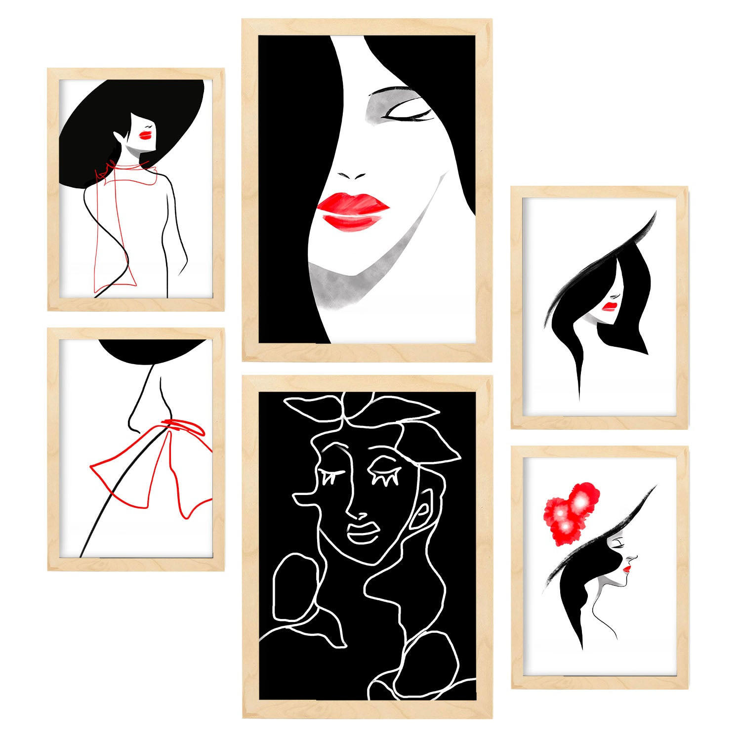 POSTER Set Mit 6 Stiftungs Schönheit In Weibliche Zusammenfassung Ästhetische Dekorative Gemälde Für Ihr Zuhause A3 & A4 Rahmen Aus Hellem Holz - Beige, Papier (29/3cm) - Nacnic