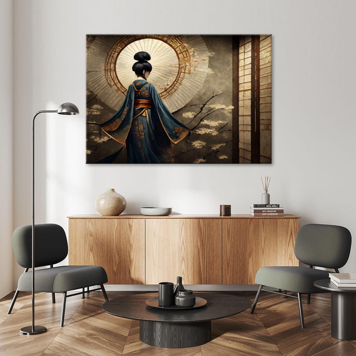 LEINWANDBILD Japanische Geisha 90x60cm - Braun, Textil (90/60cm) - Feeby