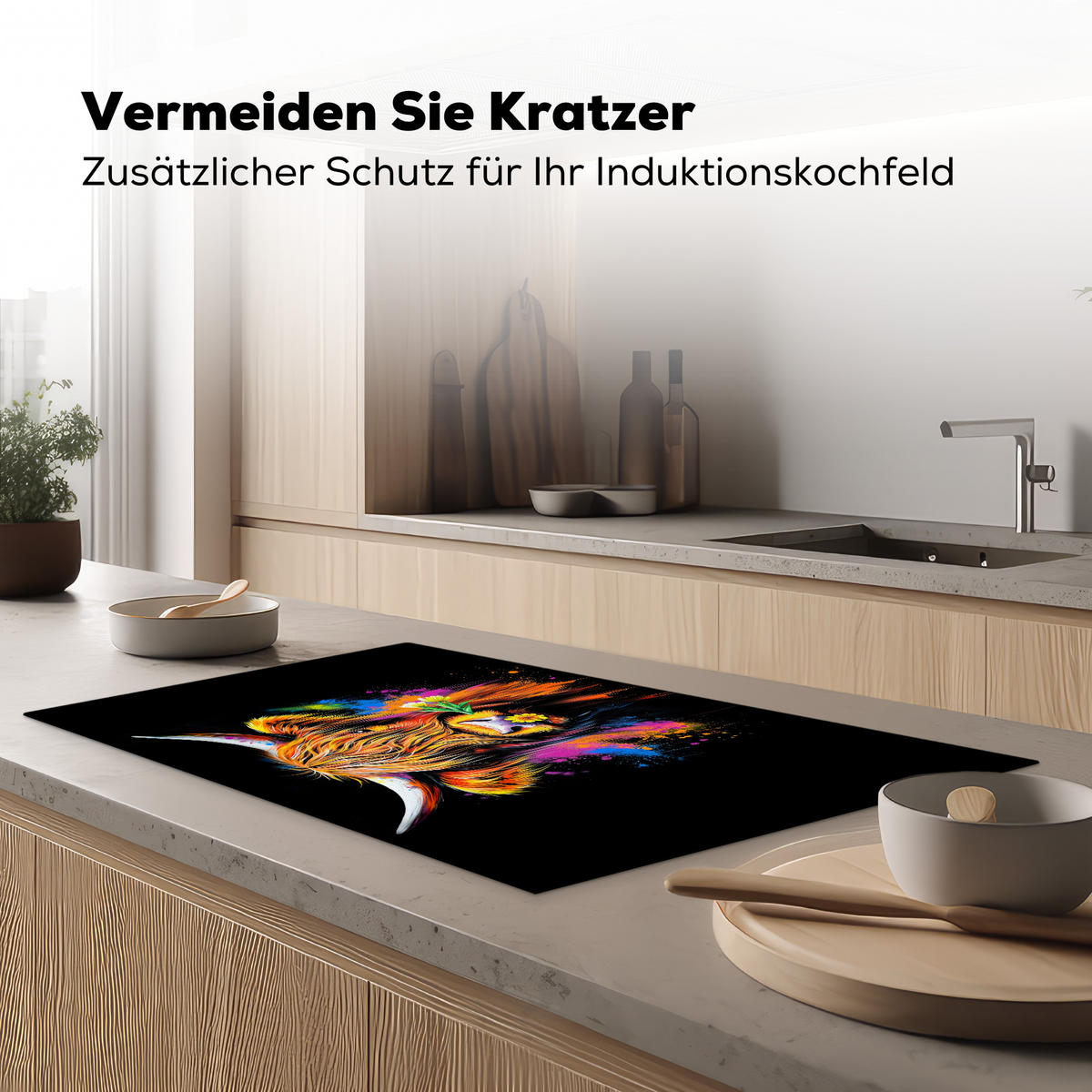 HERDABDECKPLATTE Schottischer Highlander - Graffiti - Bunt - Blume - Tiere Ceranfeldabdeckung 90x52 cm - Multicolor, Kunststoff (90/52/0.2cm) - MuchoWow