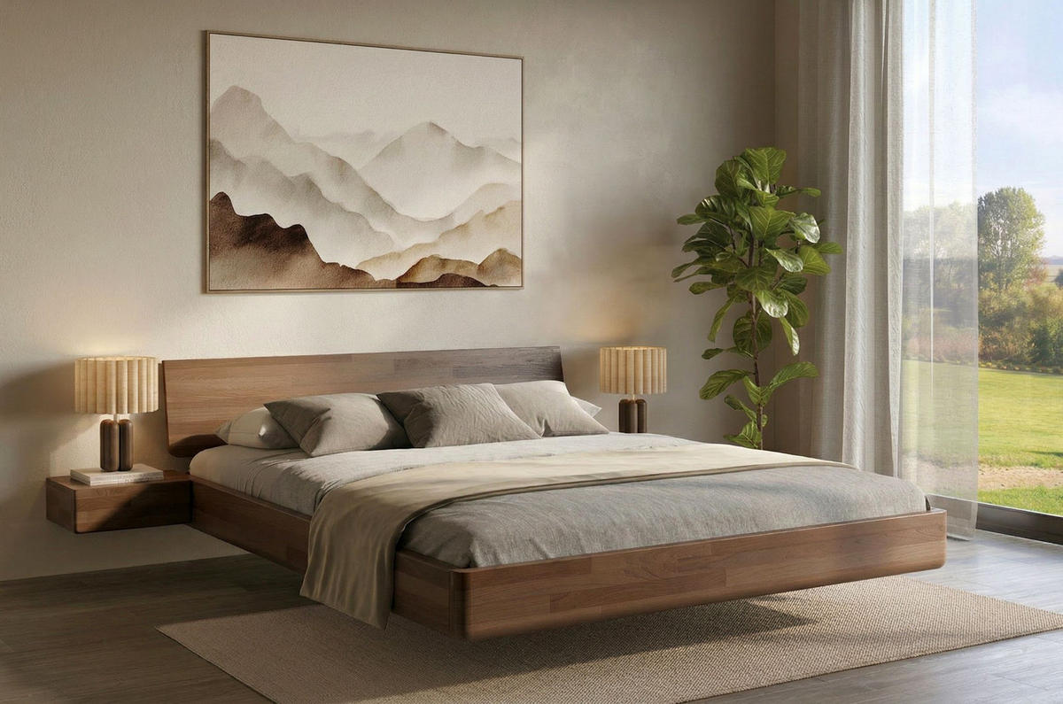 MASSIVHOLZBETT Lena mit 2 Nachttischen, 160/200, Buche - lackiert, Nussbaumfarbe - Walnussfarben, Holz/Buchenholz (160/200cm) - Visby