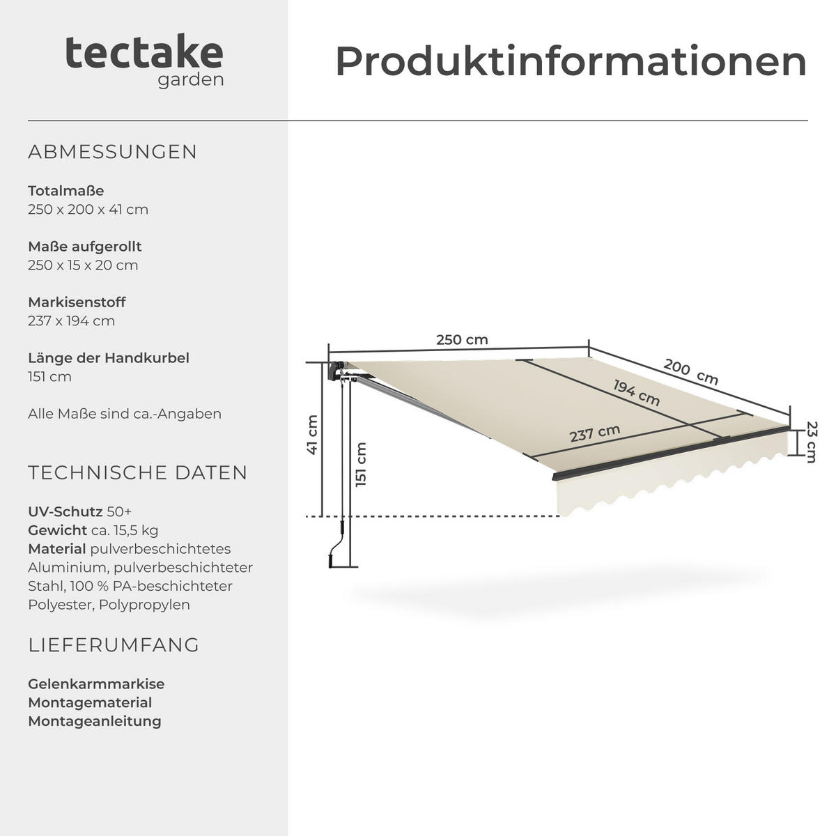 GELENKARMMARKISE Ornella,inkl. Wandhalterung,beige - Beige, Kunststoff (250/41/200cm) - tectake