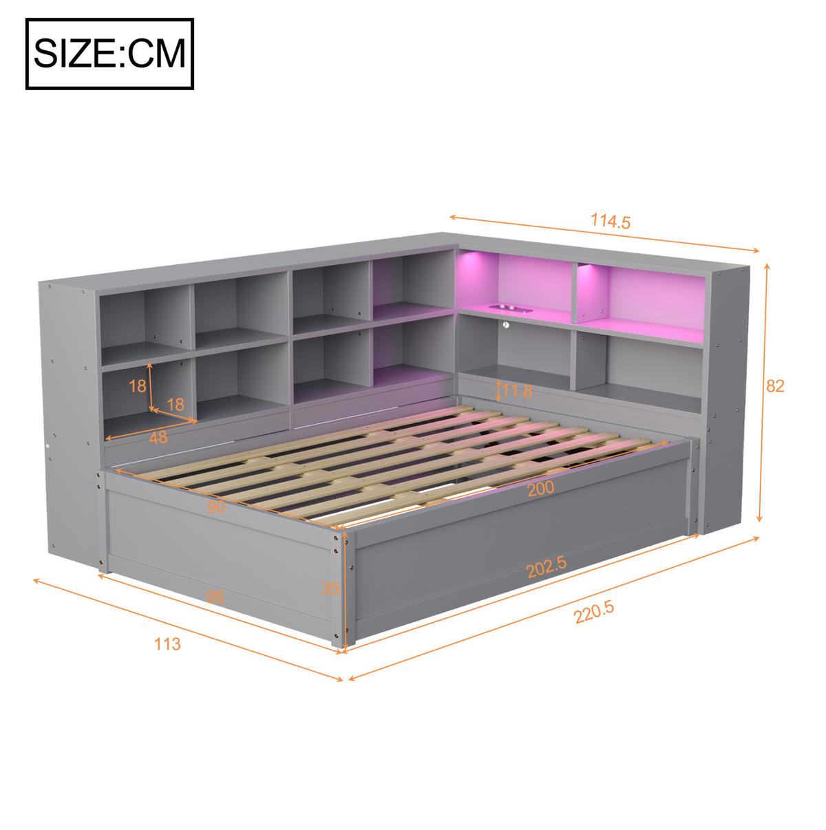BETT mit Kopfteil 90/200 cm aus Massivholz mit Stauraum und LED-Leiste - Grau, Holz (90/200cm) - BEAOK