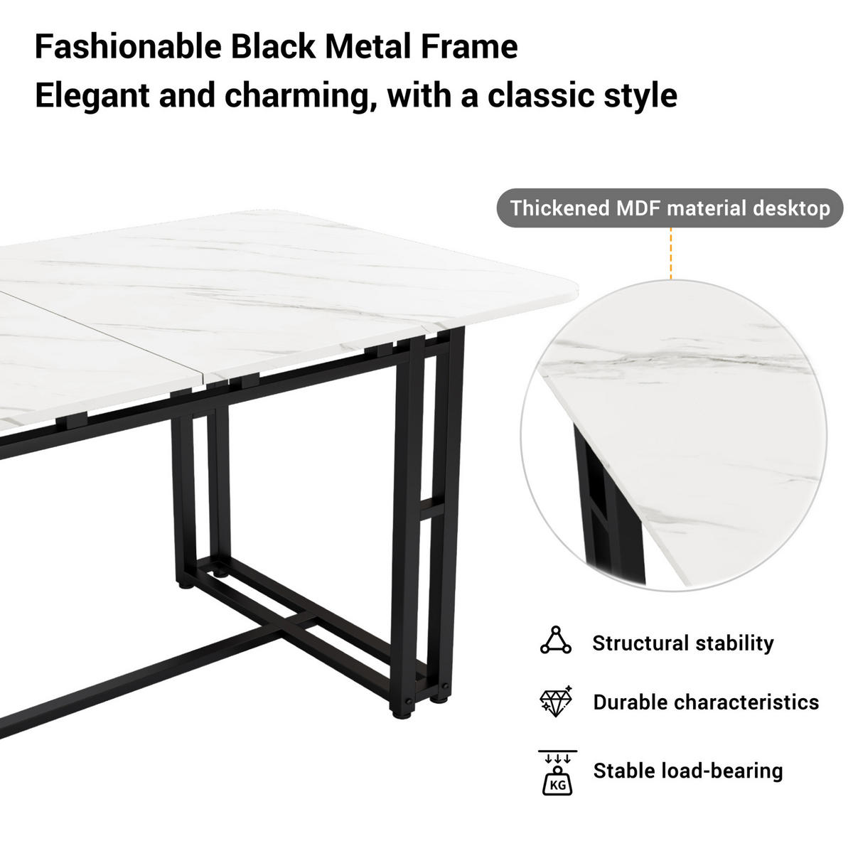 ESSTISCH 140x80x75 cm aus MDF mit schwarzem Metallgestell im modernen Leicht-Luxus Stil - Weiß, Holzwerkstoff (140/80/74cm) - Modfu
