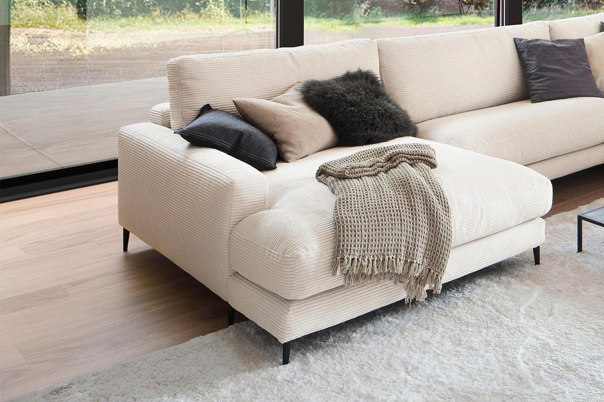WOHNLANDSCHAFT CARA Cremeweiß Cord - Creme/Schwarz, Textil (341/84/223cm) - KAWOLA