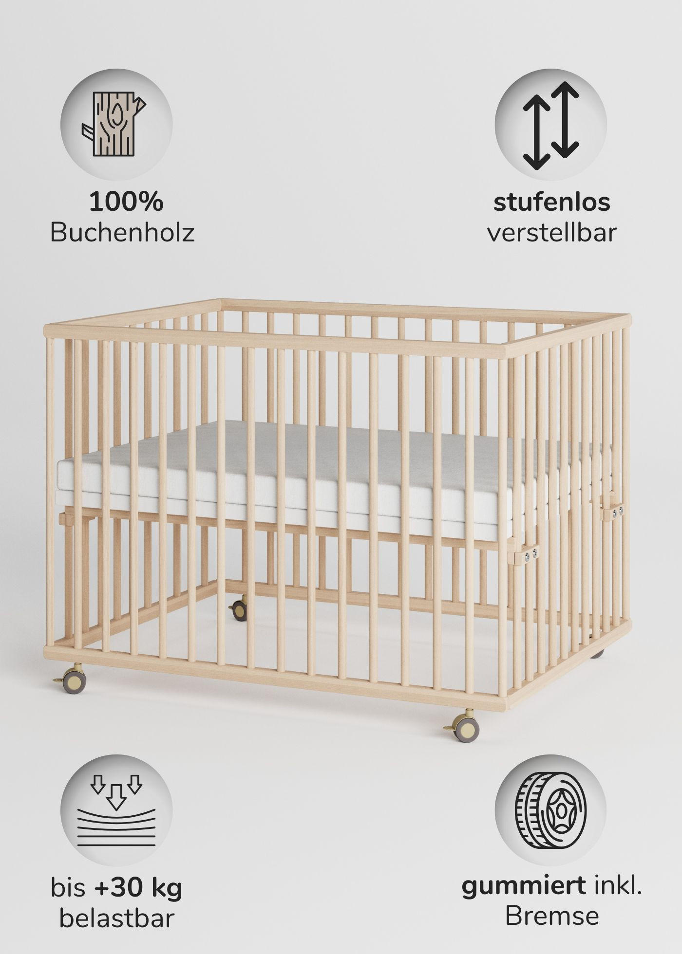 LAUFGITTER 75x100 cm mit Matratze - natur - Premium Kollektion - Naturfarben, Holz (100/74/75cm) - Sämann – make a difference.