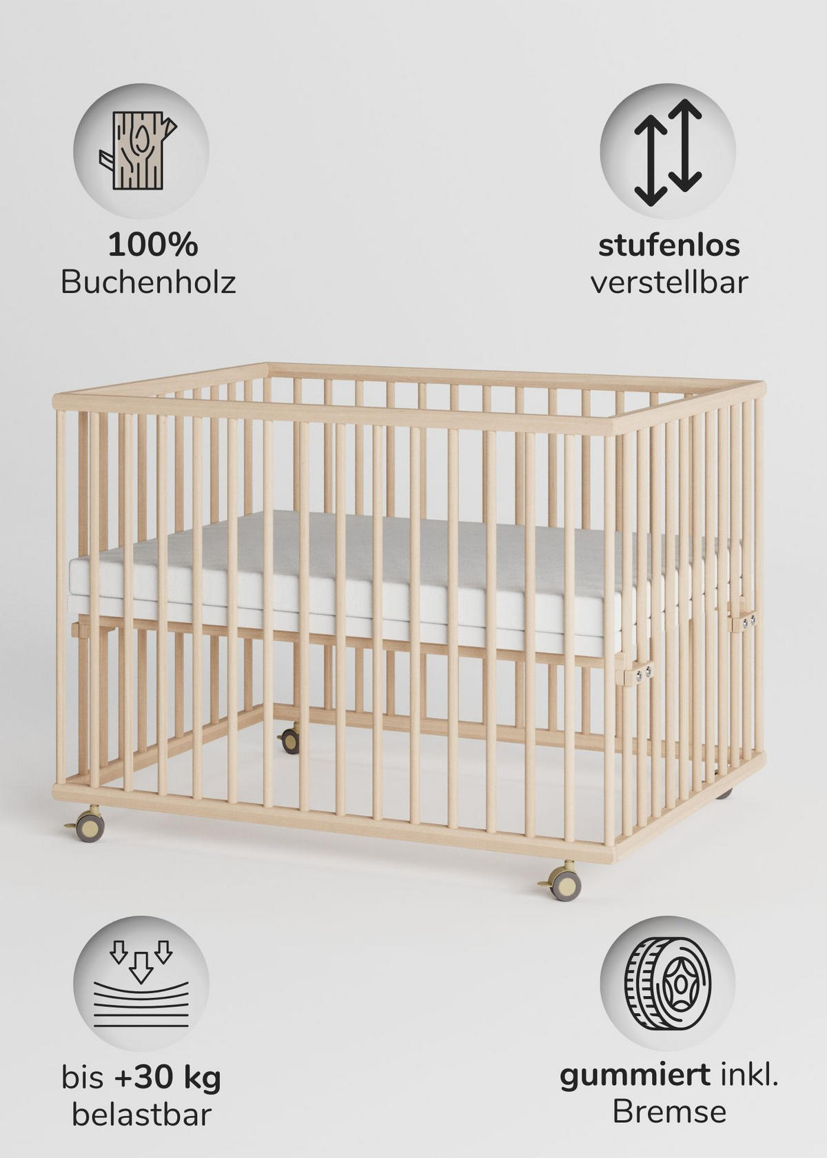 LAUFGITTER 75x100 cm mit Matratze - natur - Premium Kollektion - Naturfarben, Holz (100/74/75cm) - Sämann – make a difference.