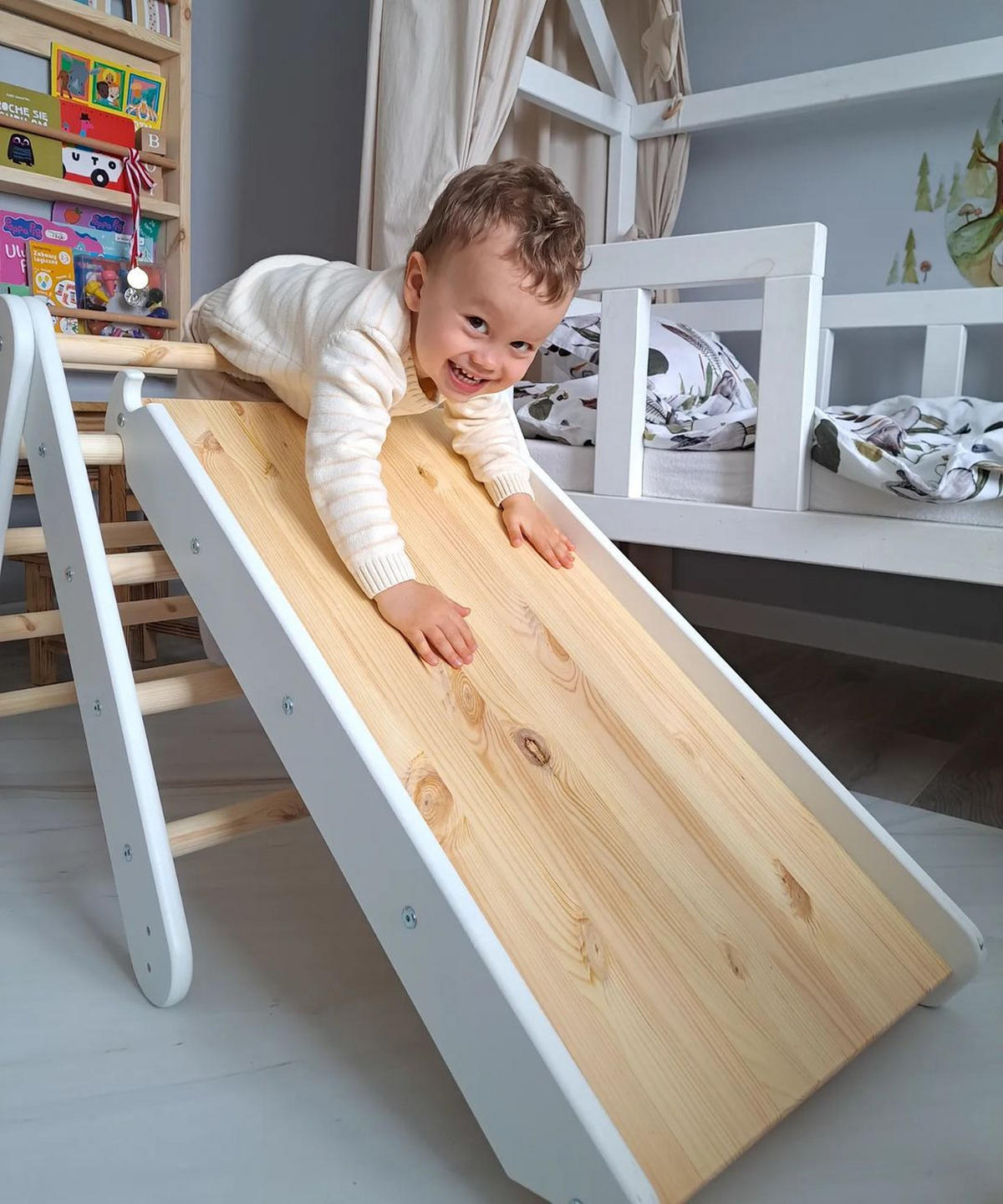 KLETTERDREIECK mit Rutsche, Montessori, Grau - Grau, Holz (59.5/59/60cm) - MeowBaby