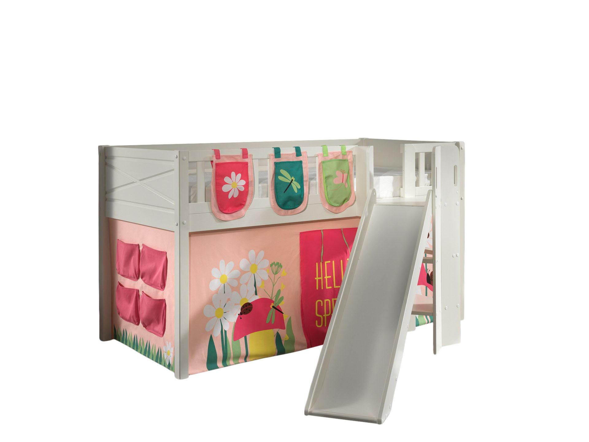 HOCHBETT mit Rutsche Karyl Massivholz Weiß Textilset Spring 3 - Hellrosa/Weiß, Holz (90/200cm) - 58aufmkessel