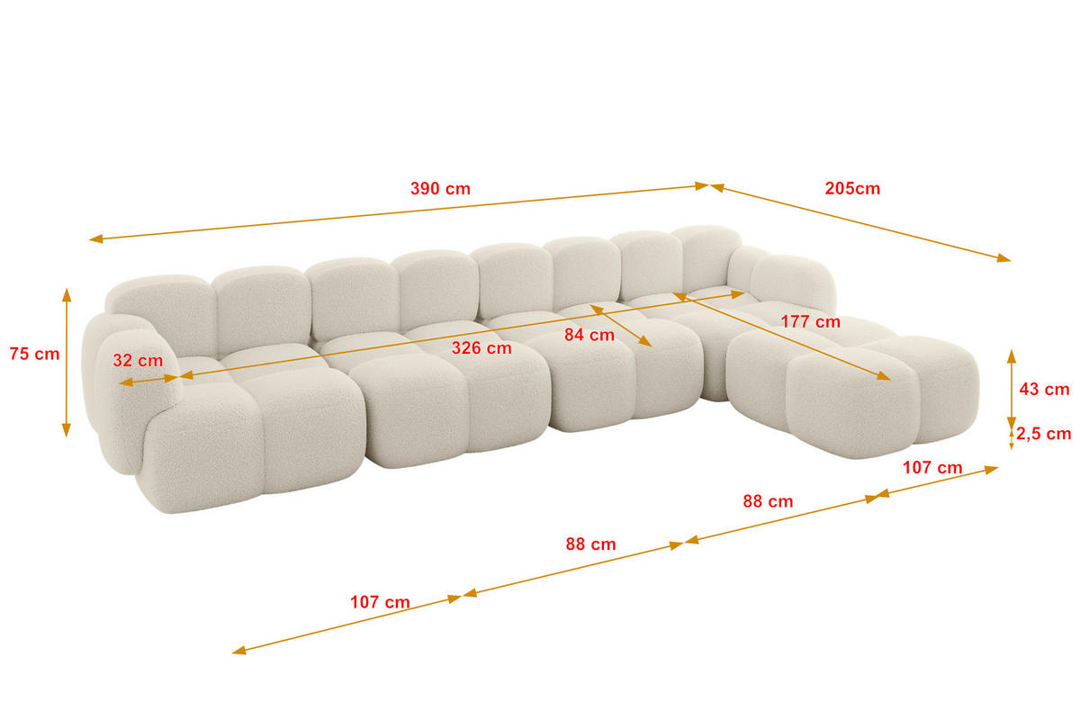 ECKSOFA modulares Sofa Rechts Miko-L3 390x205x75 Beige Bouclé - Sandfarben/Schwarz, Holzwerkstoff/Kunststoff (390/205cm) - ALTDECOR