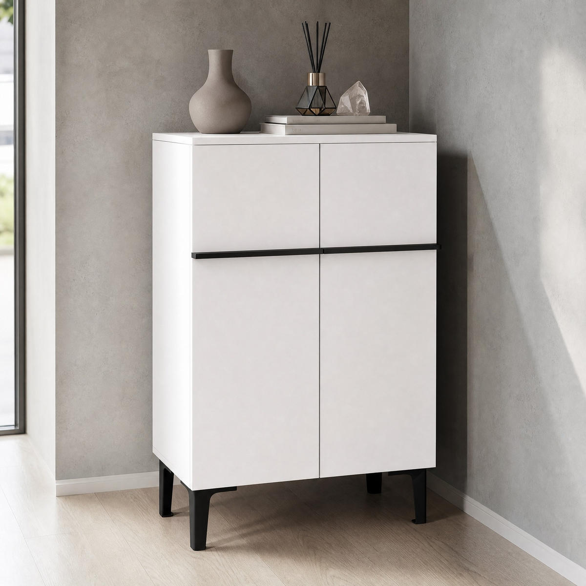 SCHUHSCHRANK in Weiß und Schwarz mit Doppeltüren für den Eingangsbereich, B60/T34.5/H95 cm - Schwarz/Weiß, Holzwerkstoff/Metall (60/95/34.5cm) - STILVORA