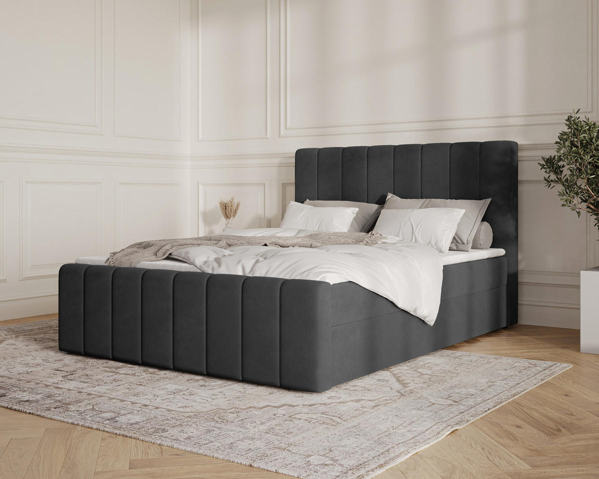 BOXBETT 01 BIS 180 x 200 cm - Manila - Modernes Polsterbett mit Bettkasten inkl. PU-Schaum-Topper und Federmechanismus - Schwarz, Holz (180/200cm) - ROYAL24_MARKT