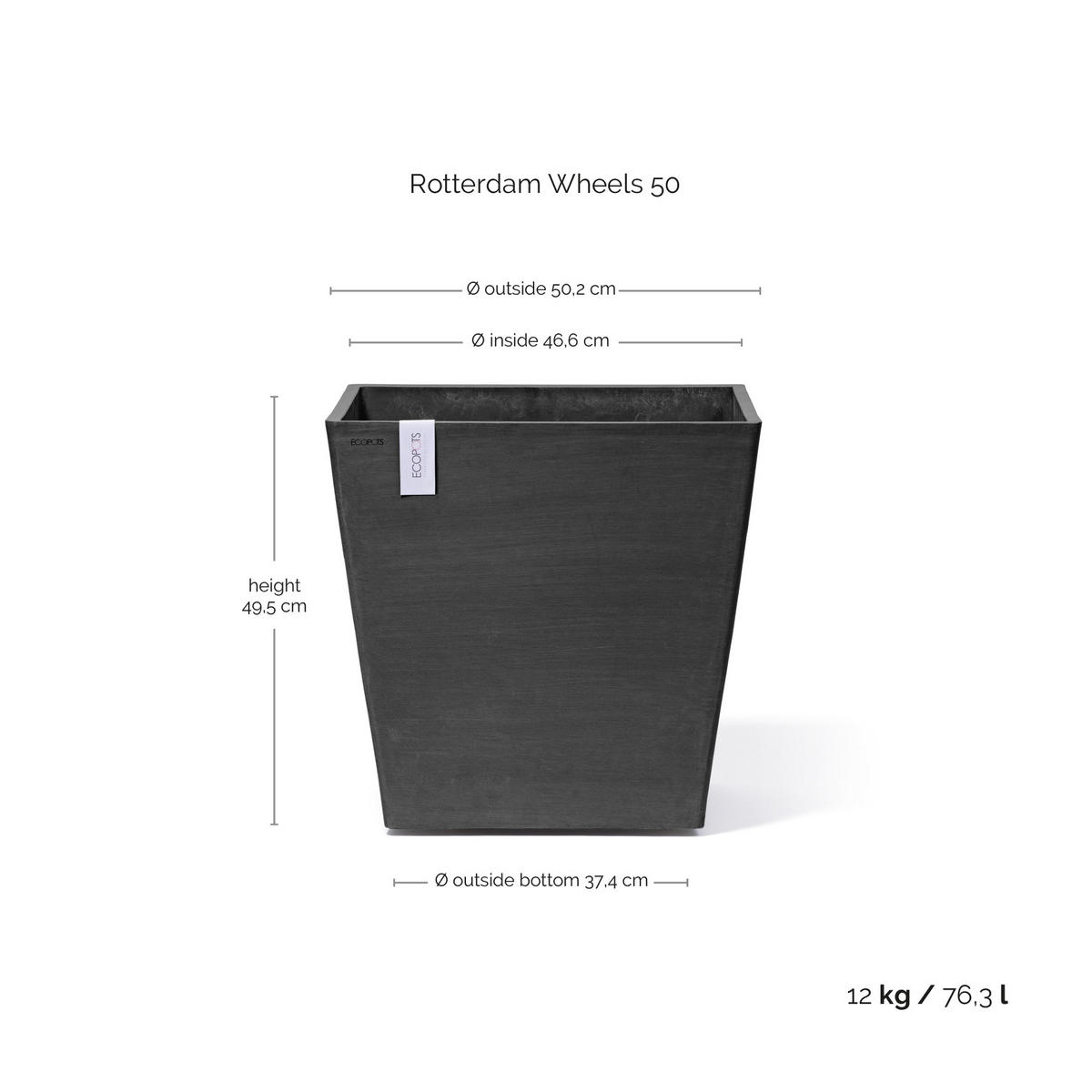 BLUMENTOPF Rotterdam Wheels 50,2/50,2/49,5 cm Dunkelgrau - Dunkelgrau, Kunststoff (50.2/49.5cm) - Ecopots