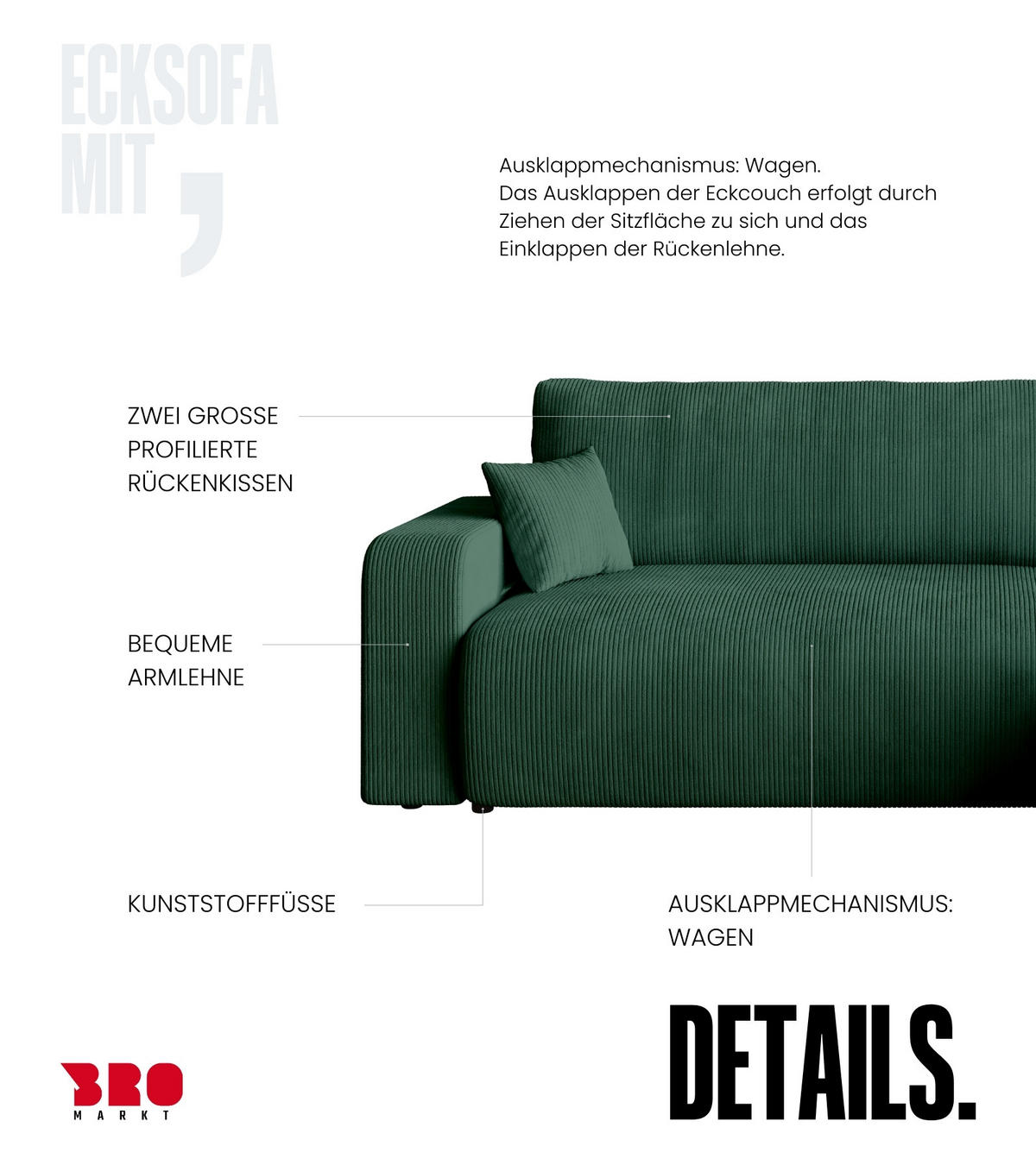 ECKSOFA PUMI mit Schlaffunktion Dunkelgrün Cord - Dunkelgrün, Textil (244/148cm) - Bromarkt