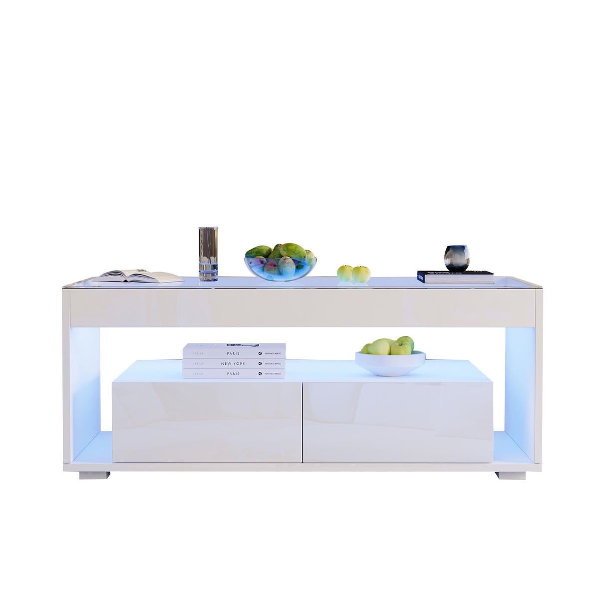 COUCHTISCH Weiß 100/50/40 cm mit Glasplatte, Schubladen und LED-Beleuchtung - Weiß, Holzwerkstoff (50/100/40cm) - PANGIVO