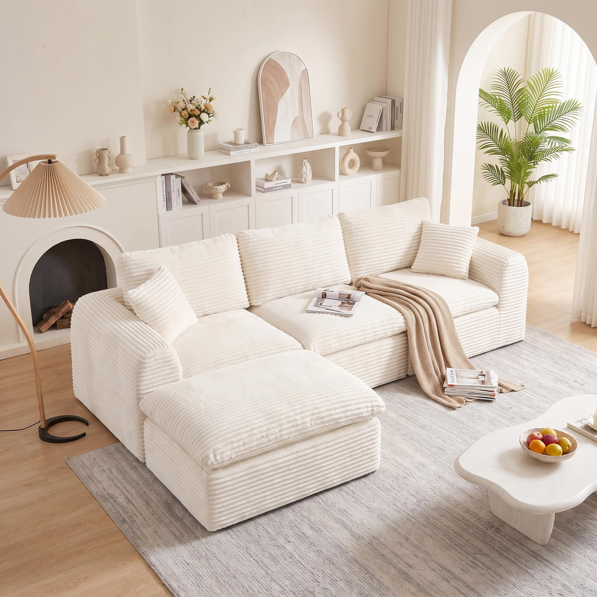 ECKSOFA 280/180/65 cm Beige Cord mit 1 Fußhocker - Beige, Textil (180/280cm) - Oxeza